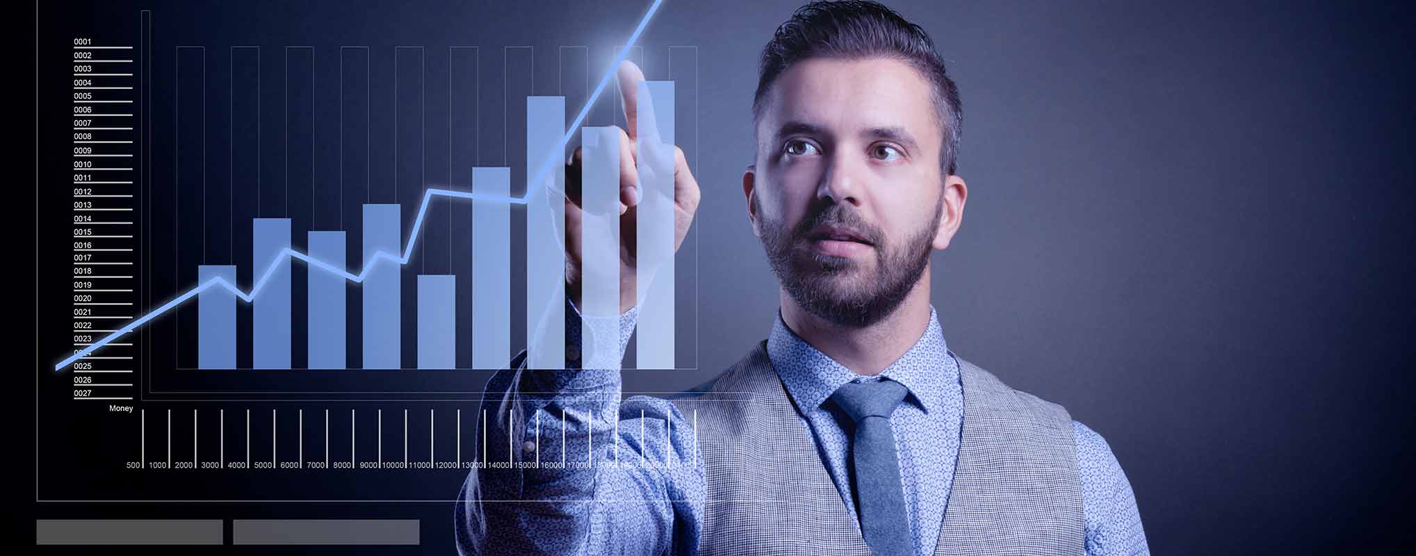A man looks towards an animated graphic of an explainer video production