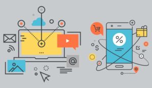 Icons showing a computer and smart phone & marketing video distribution