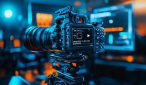 An AI image of a video camera filming a commercial video production in NJ