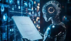 an AI robot reviews an AI generated corporate video script in New Jersey