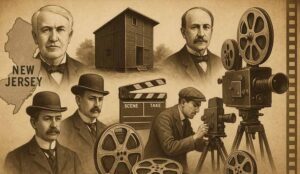 A hand drawn style image generated by AI showing Thomas Edison and the early film industry in New Jersey