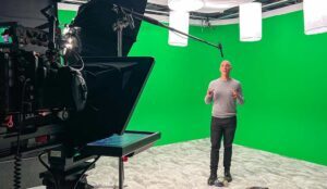 A green screen studio in NJ films a corporate talking head