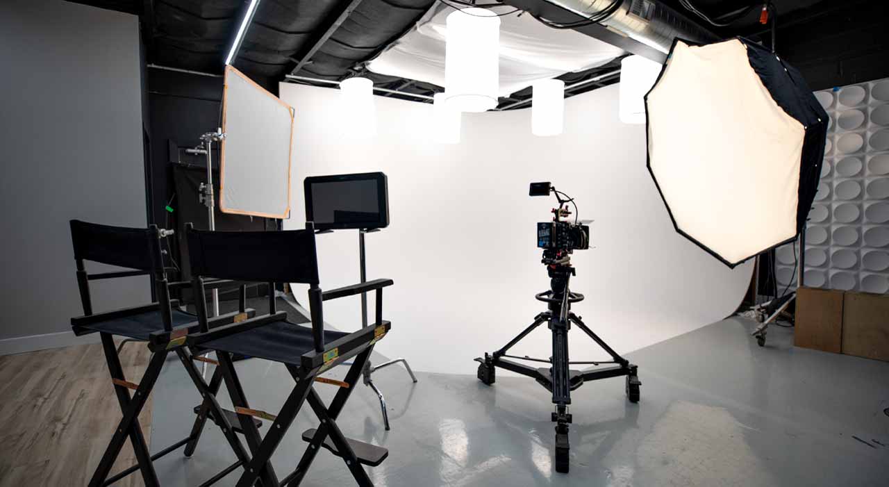 Interior of a New Jersey Production Studio with Lights, Monitor and directors chairs