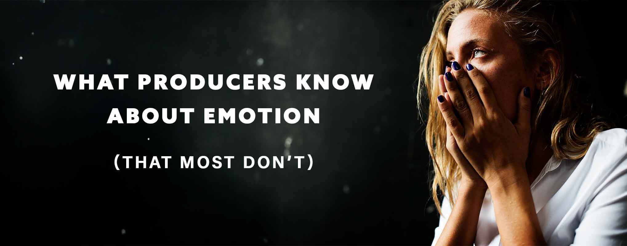Woman with hands over mouth and accompanying text: What Commercial Video Producers Know About Emotion (that most don't).