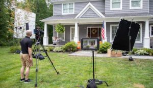 Commercial video production Setup outside of a house
