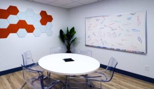 A conference room and white board with the words 2024 video marketing trends
