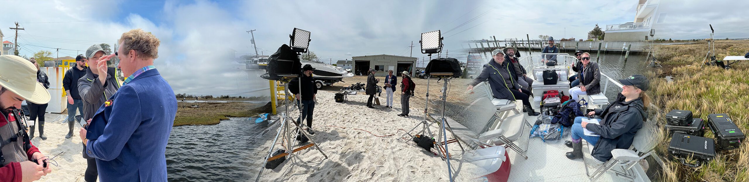 a mashup of various scenes - cameras and lights on a beach, crew on a boat and makeup being applied in a nonprofit video production