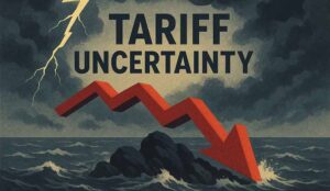 A hand drawn style image generated by AI with the words "tariff uncertainty" and a stormy ocean with a stock arrow trending downward.