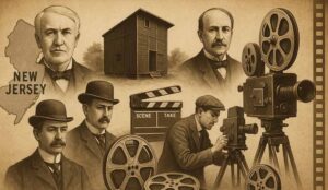 A hand drawn style image generated by AI showing Thomas Edison and the early film industry in New Jersey