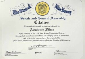 The state of New Jersey Senate and General Assembly Citation & Commendation presented to Awakened Films