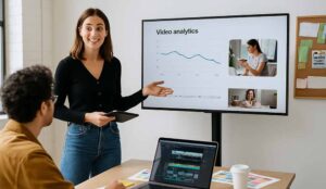An AI generated photo of a nonbinary business woman presenting a video analytics slide.