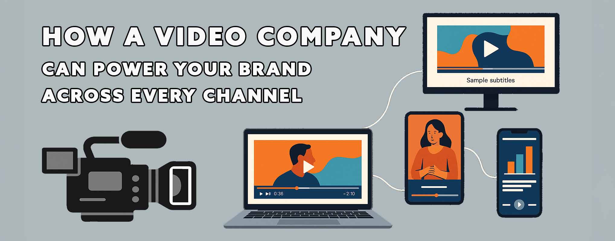 A graphic showing a camera and computer multiplying content to various channels and devices