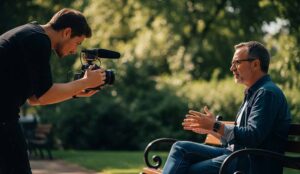 AI-generated image of a videographer filming a commercial with a man on a bench