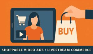 An icon of an ipad showing a video and a person holding a bag saying "buy"