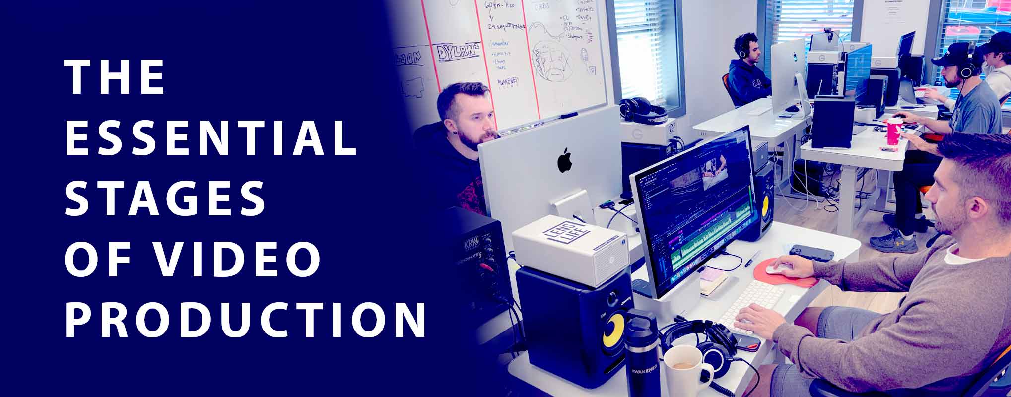 A video production crew works in a production studio on the essential stages of video production