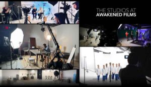 A montage of photos at the Awakened Films NJ commercial studio showing various types of commercials being filmed