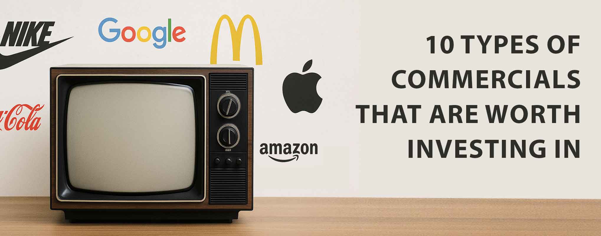 An old CRT TV sits on a wooden table and is surrounded by logos. The text reads "10 TYPES OF COMMERCIALS THAT ARE WORTH INVESTING IN"