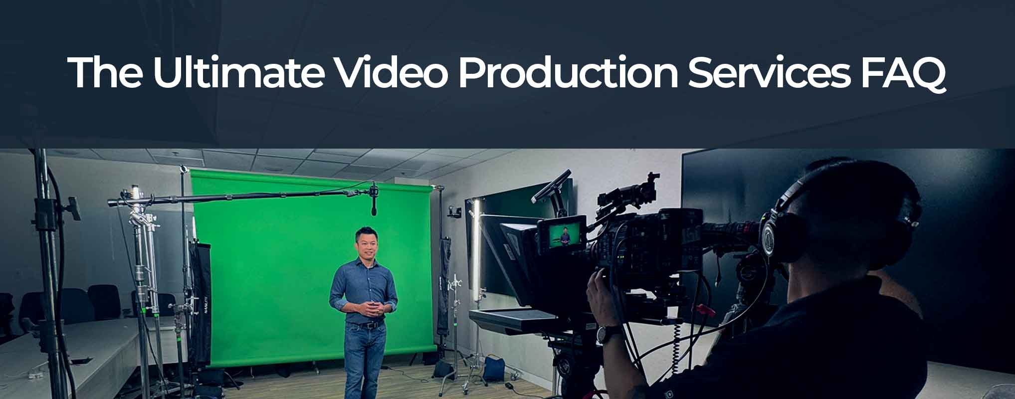 An on camera host in front of a green screen is framed by a camera man with a teleprompter rig with the words "video production services FAQ".