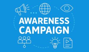 An AI generated infographic showing the words "Awareness Campaign" and six interconnected visuals
