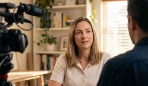 A testimonial is filmed by an Awakened Films cameraman for a B2B video production