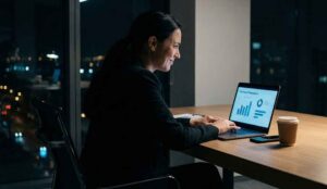A corporate client looks at a slide deck