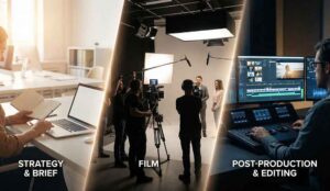 A split screen image of strategy, filming, and, editing B2B Videos