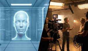 an image of an ai generated computer head split screen with a filmmaker interviewing on set