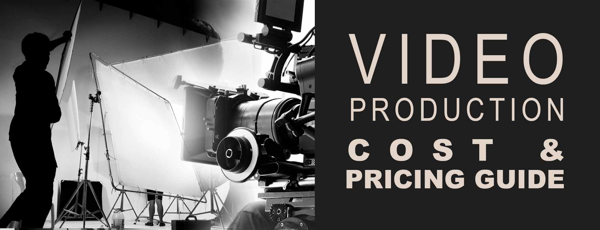 A gaffer, camera op and director are filming at Awakened Films. Text on screen says "Video Production Cost & Pricing Guide"