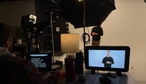 The crew at Awakened Films film a small business commercial at their New Jersey Studio